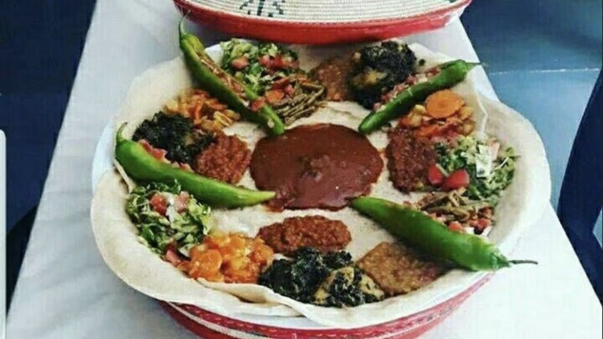 Beautifully presented Ethiopian platter with colorful traditional dishes