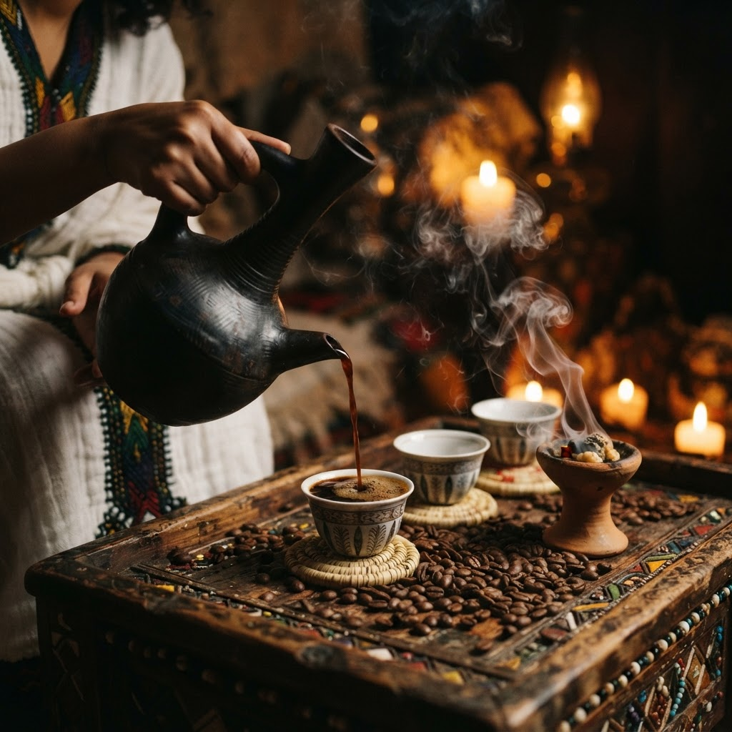 Traditional Ethiopian coffee ceremony with a clay jebena pot