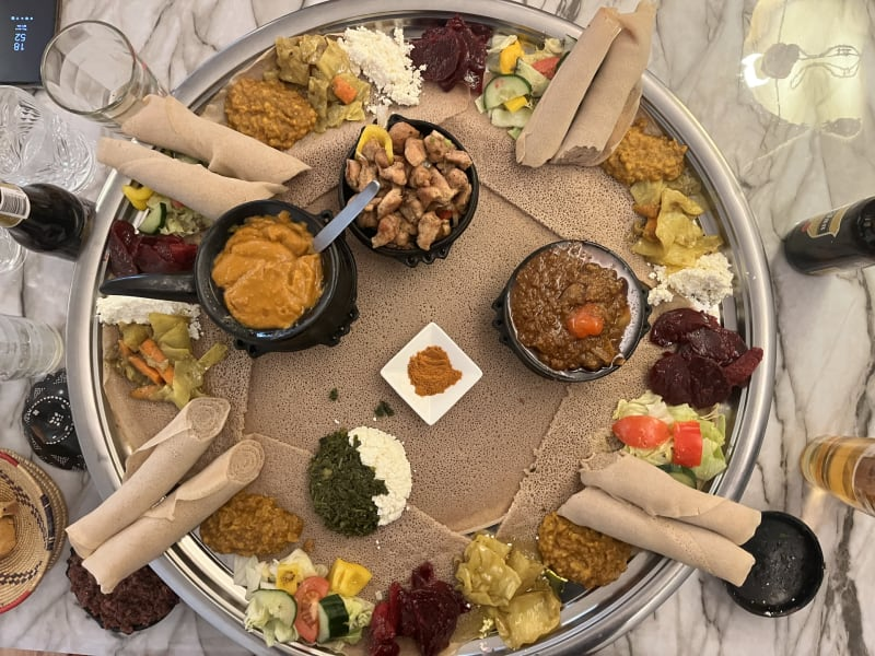Elegant restaurant presentation of Ethiopian cuisine